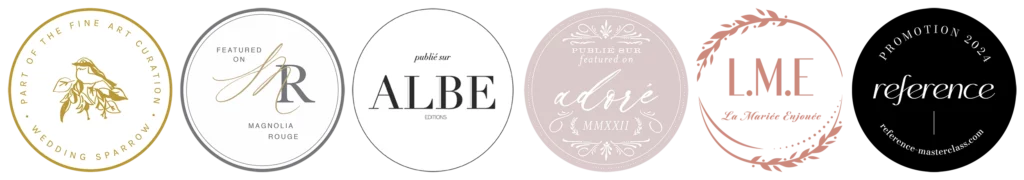 Badges de publications mettant ainsi en avant le talent du photographe de mariage Mickael Courtois qui est régulièrement publié sur des blogs de mariage Fine Art spécialisés